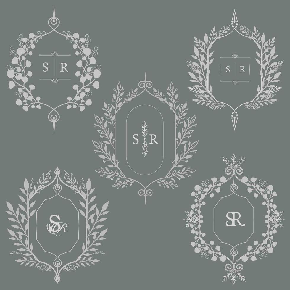 SR initials with intricate border designs for wedding monogram. Set of five wedding crests with SR logo vector