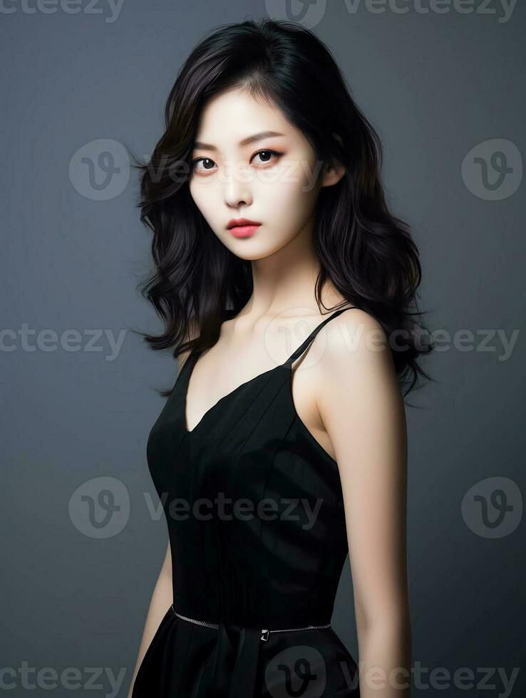 AI generated Portrait of young Japanese female beauty model with pure white skin, wearing black velvet dress with slit, sexy pose, glowing skin, studio photo, isolated black background, AI Generative photo