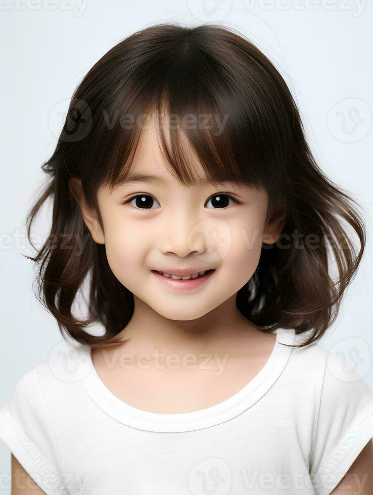 ai generado retrato de linda y hermosa pequeño japonés chica, sonriente expresión, aislado blanco fondo, ai generativo foto