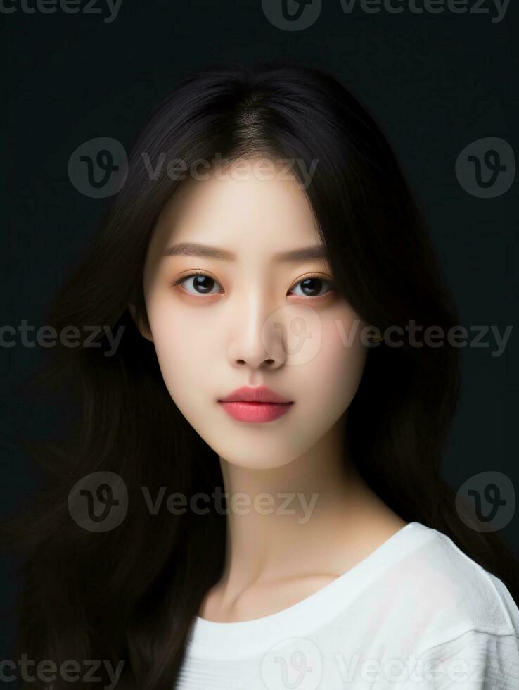 AI generated Close-up portrait of white and clean young Japanese female beauty model, studio photo, isolated black background, AI generative photo