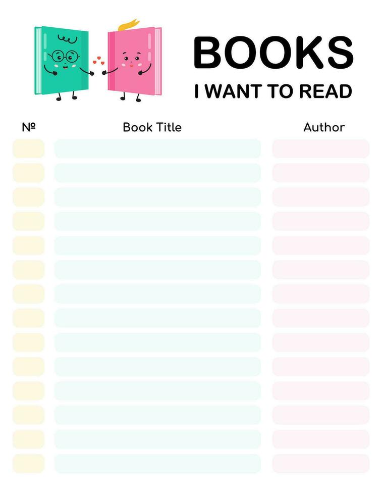 Books I want to read list, reading log, journal. Printable chart for book club, literature classes, school lessons, motivation for children to read every day , libraries. Bullet journal page. vector