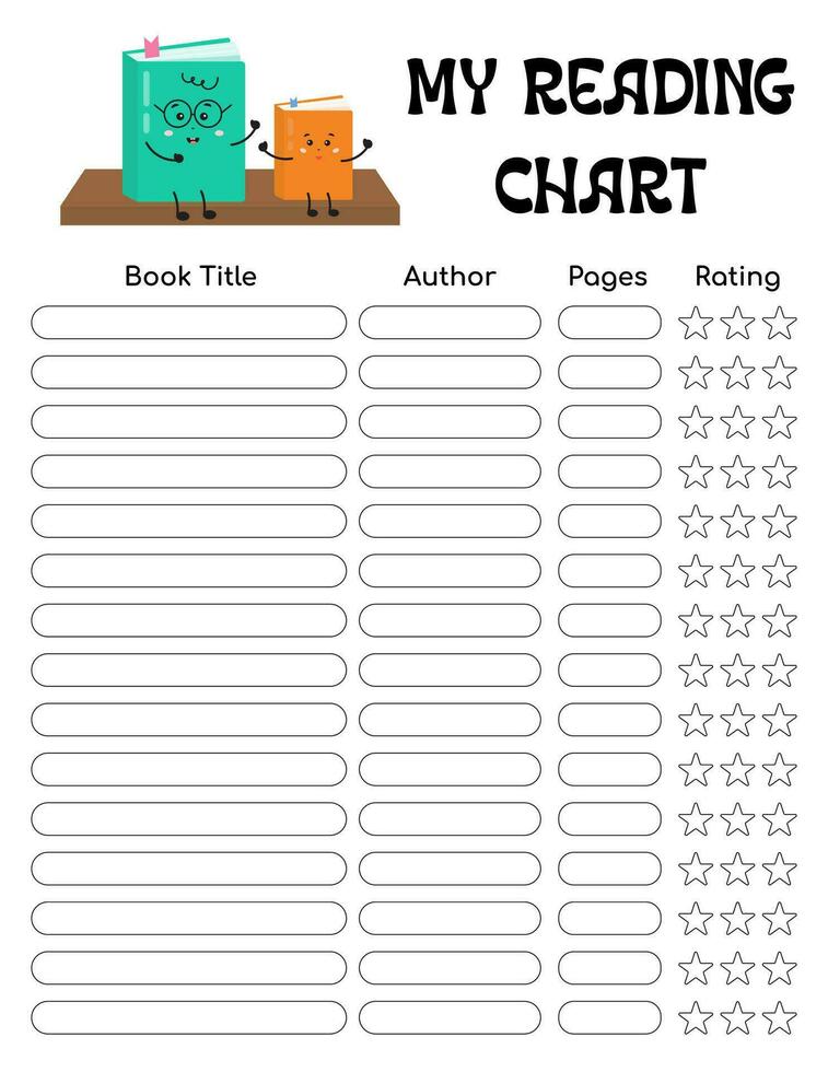 My reading chart. Reading journal printable page for tracking progress, motivation to read. Favorite book, author, rating. For motivating kids, literature classes, library, school education, book club vector