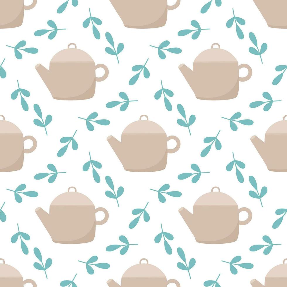 Teapots and tea leaves seamless pattern vector