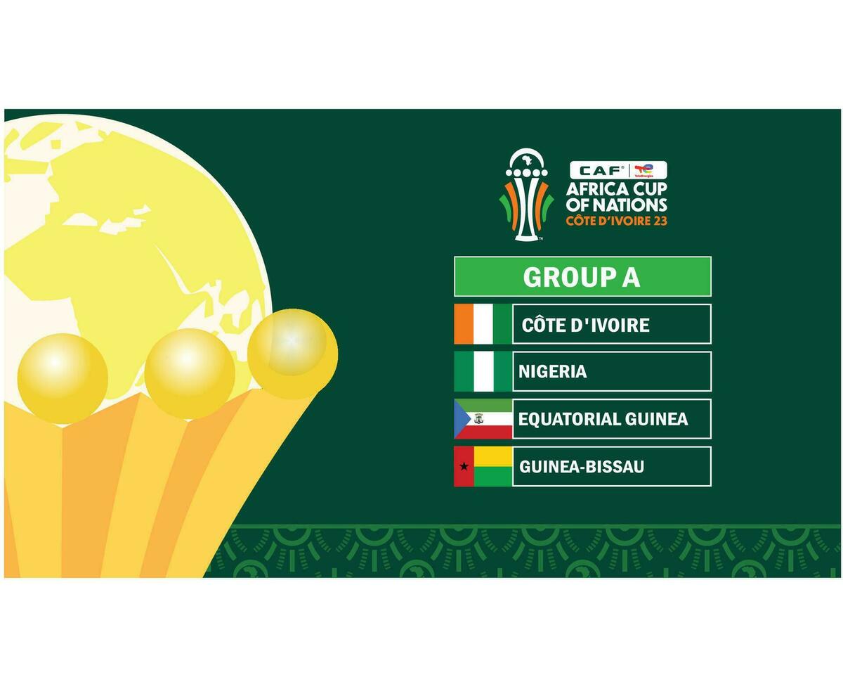 lata Marfil costa taza 2023 grupo un equipos banderas países con trofeo africano taza de naciones fútbol americano diseño vector