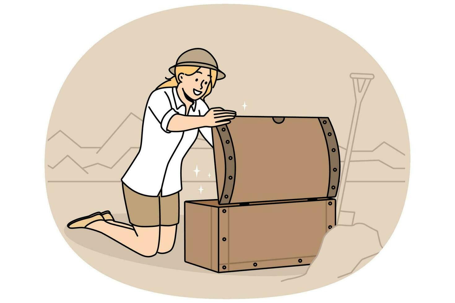 Woman archeologist open chest with treasures vector