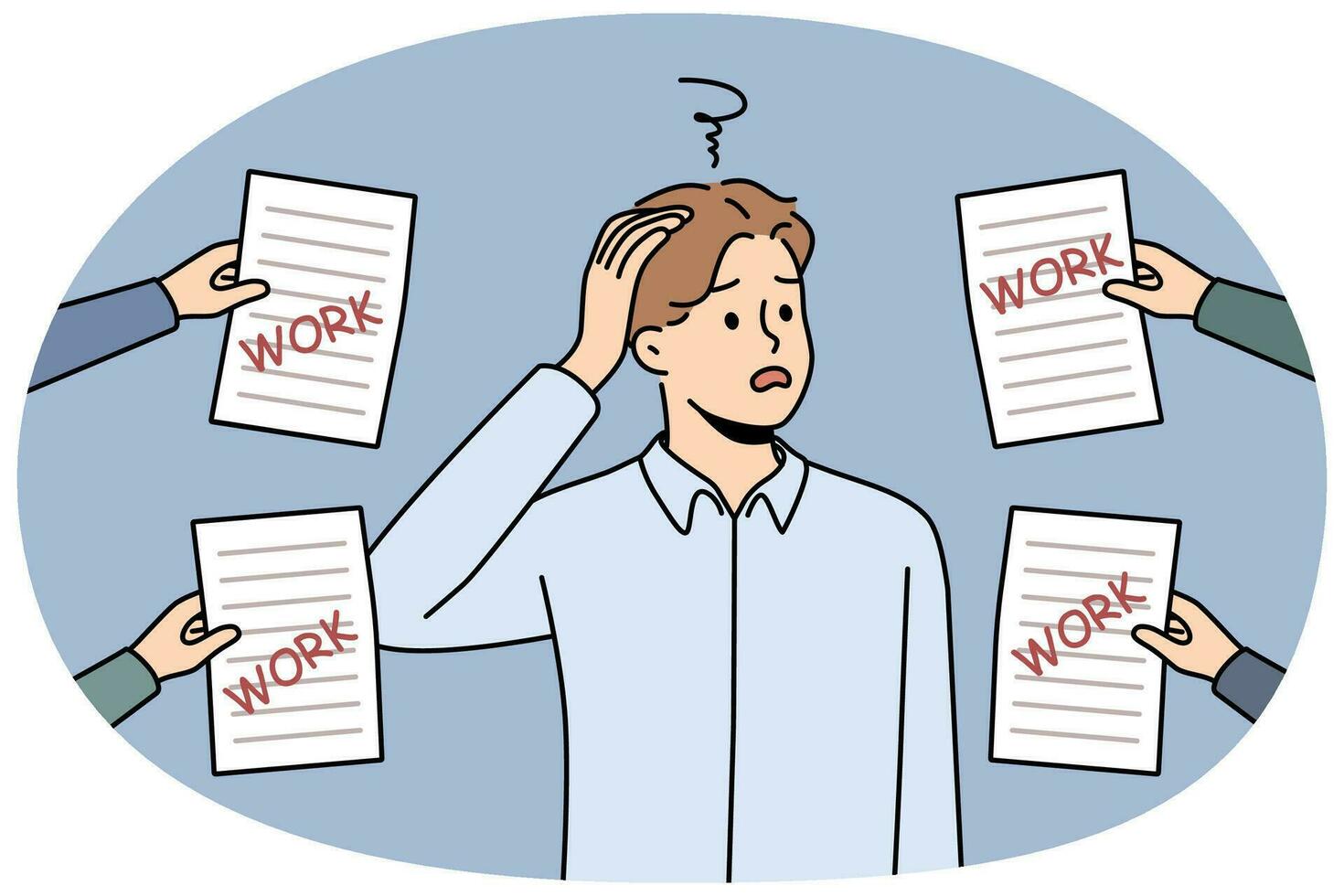 Confused male employee overwhelmed with work letters vector