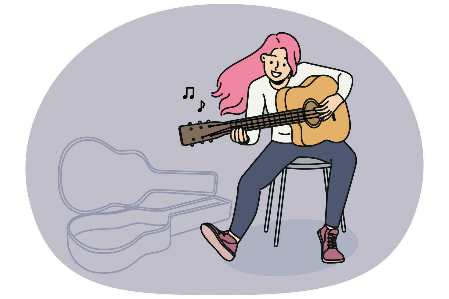 Smiling woman with pink hair play guitar vector