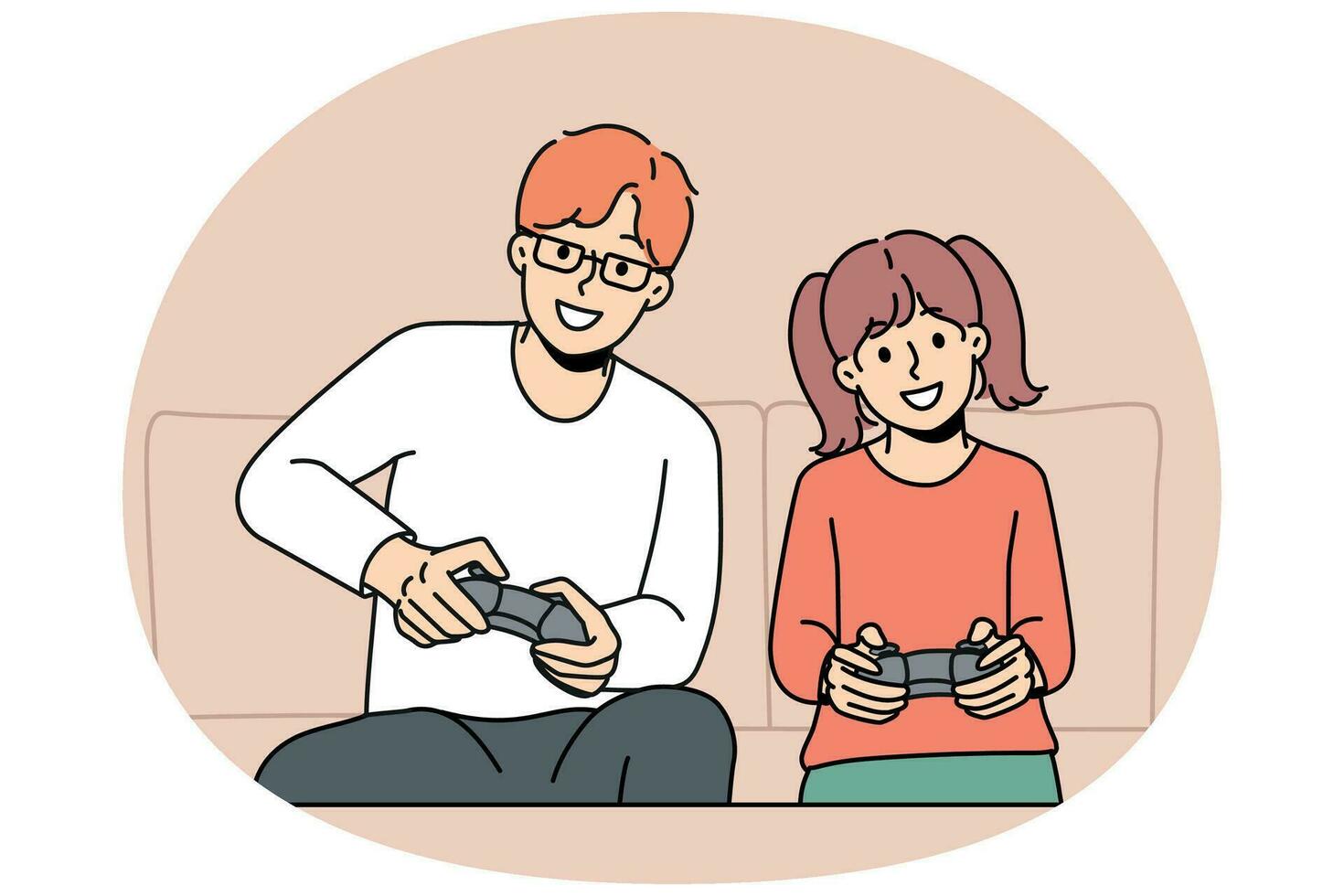 Smiling father daughter playing video games vector