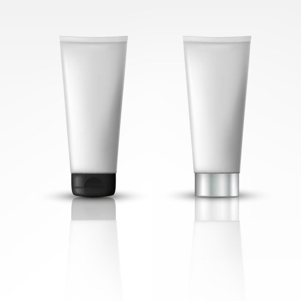 Cosmetic Products with Different Cap. Suitable For Cream, Soups, Foams, Shampoo. Object, Shadow, and Reflection on Separate Layers, Vector Illustration