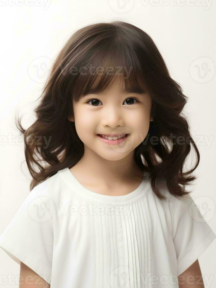AI generated Portrait of cute and beautiful little japanese girl, smiling expression, isolated white background, AI Generative photo