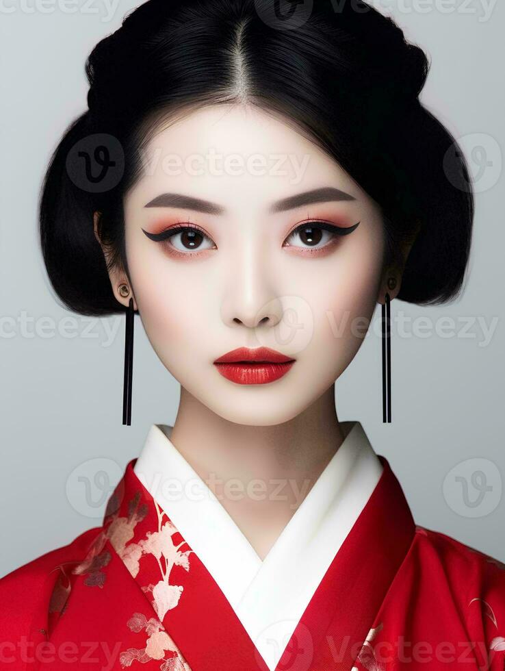 AI generated Portrait of beautiful Japanese woman on isolated white background photo