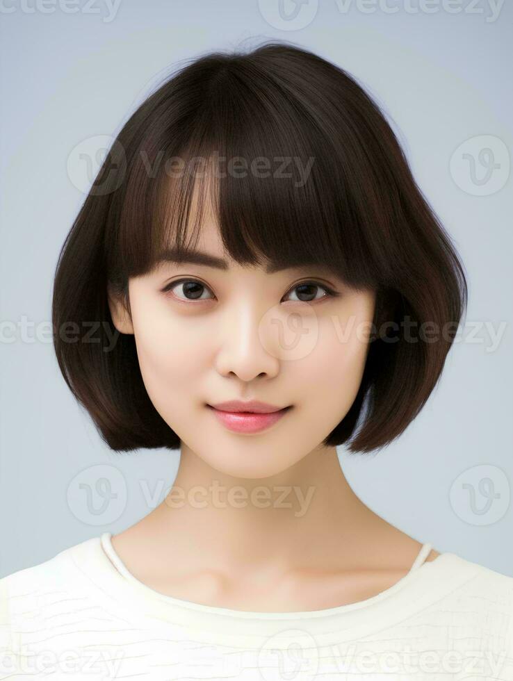 AI generated Portrait of beautiful Japanese woman with short bob haircut, isolated white background, AI Generative photo