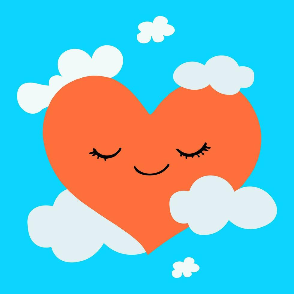 Cute kawaii heart on the clouds. Vector illustration.