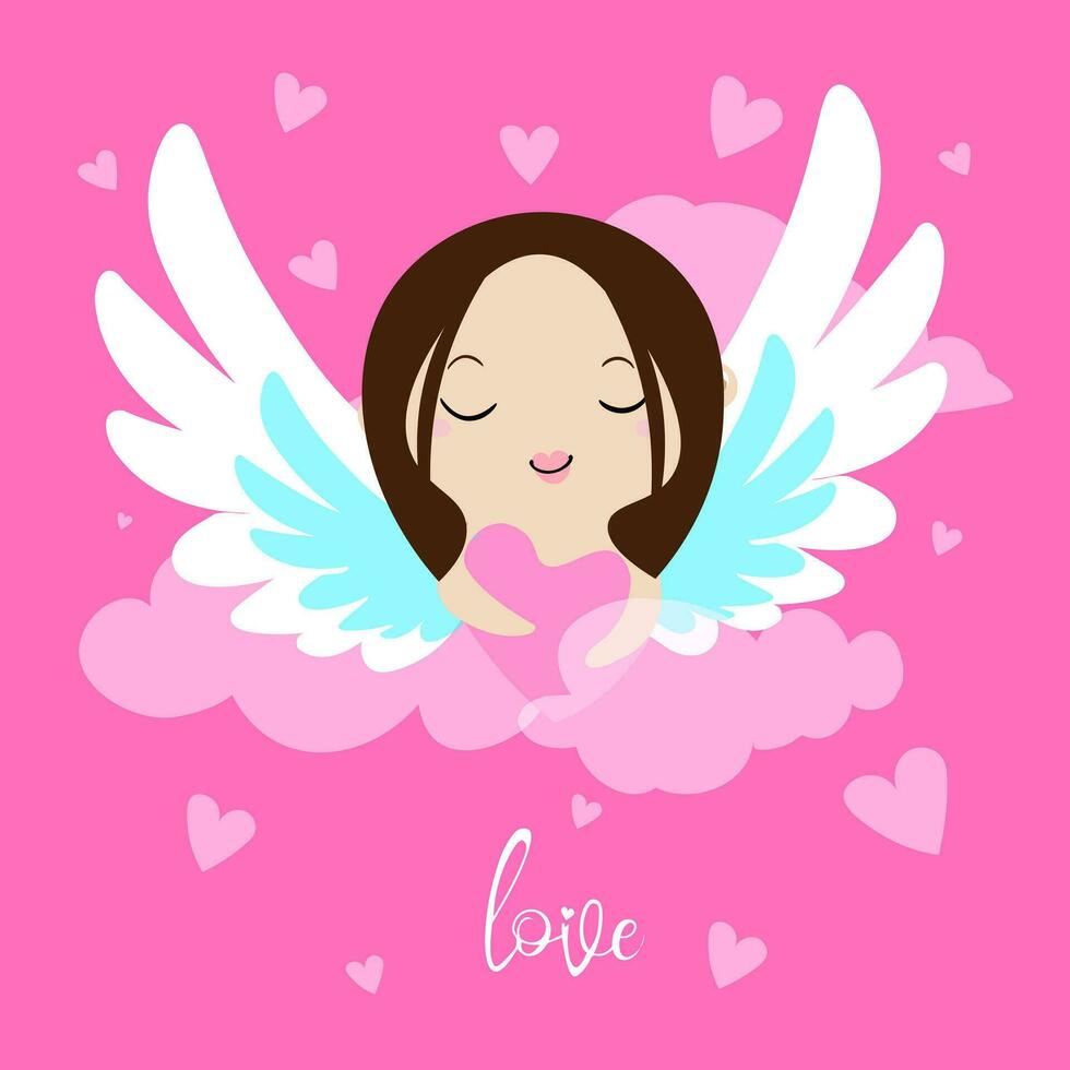 Cute girl angel with heart on pink background. Vector illustration.