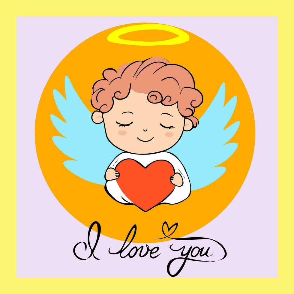 linda tarjeta con Cupido, texto yo amor usted y corazón. mano dibujado vector ilustración.