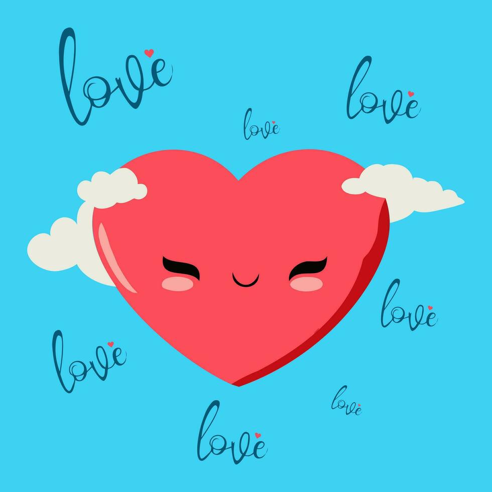 Cute kawaii heart with clouds and text Love. Vector illustration.