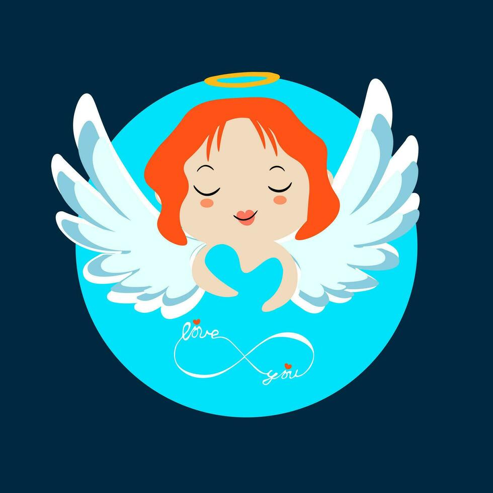 Angel with red hair, wings and heart on blue background. Vector illustration in flat style.