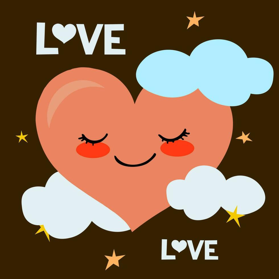 Cute heart with clouds and stars. Love card. Vector illustration