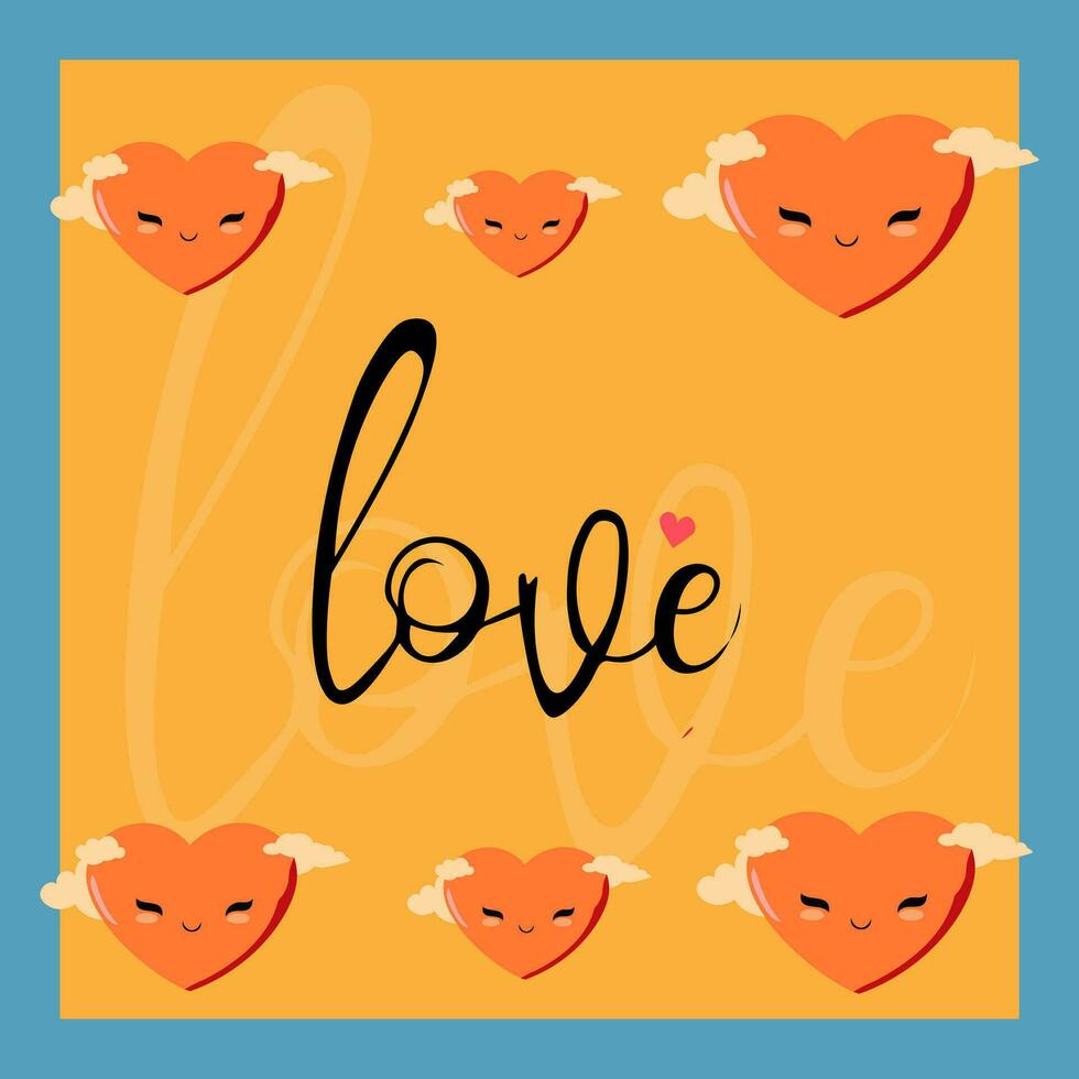 Cute cartoon hearts with text love. Vector illustration for Valentines Day.