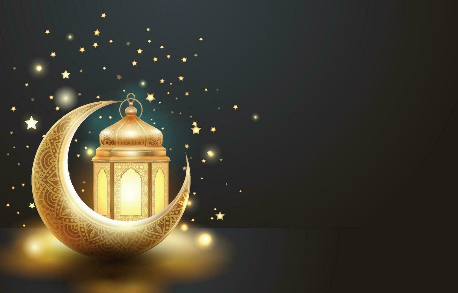 Islamic Background with Gold Lantern, Crescent Moon and Stars vector