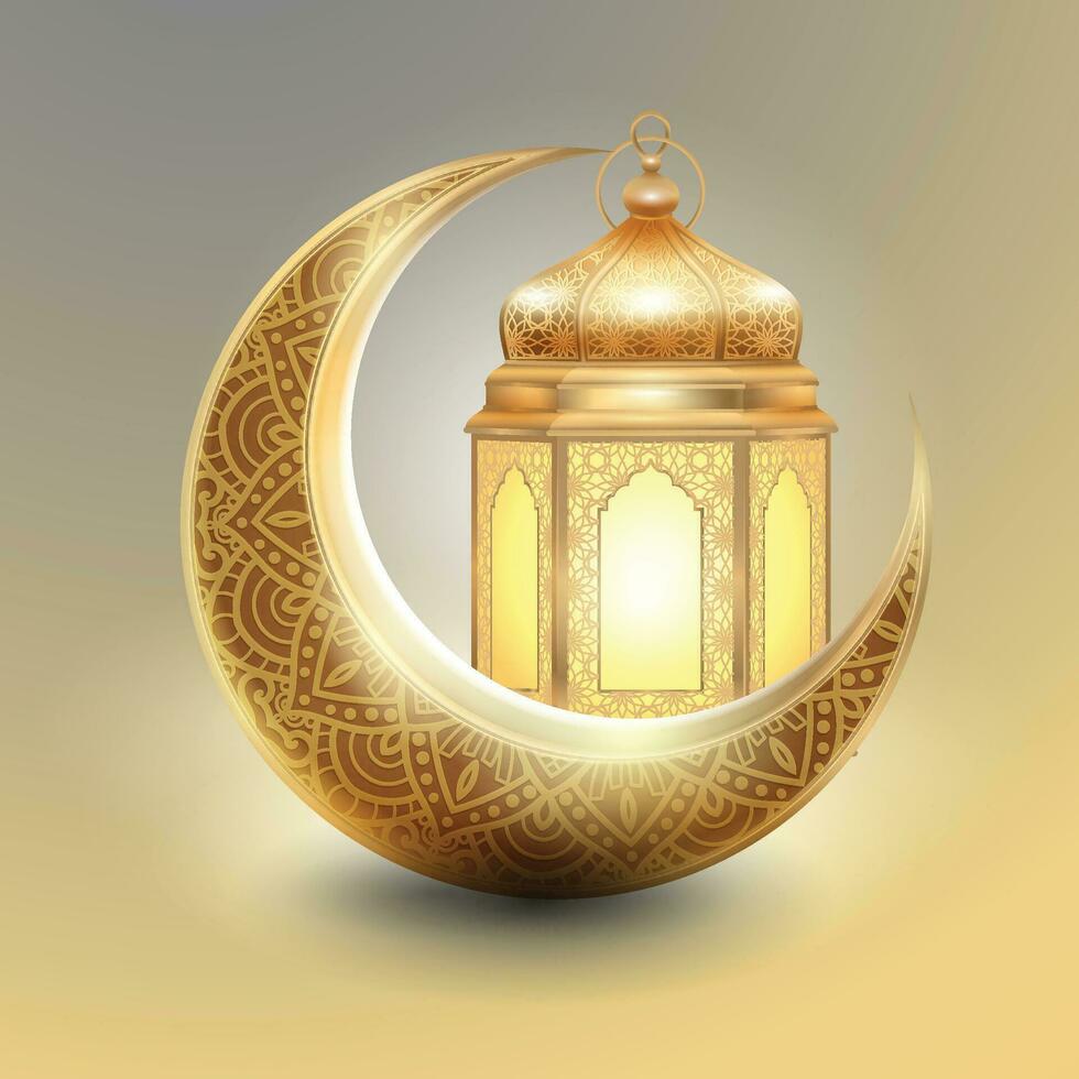 Realistic Ramadan Crescent Moon and Gold Lantern vector
