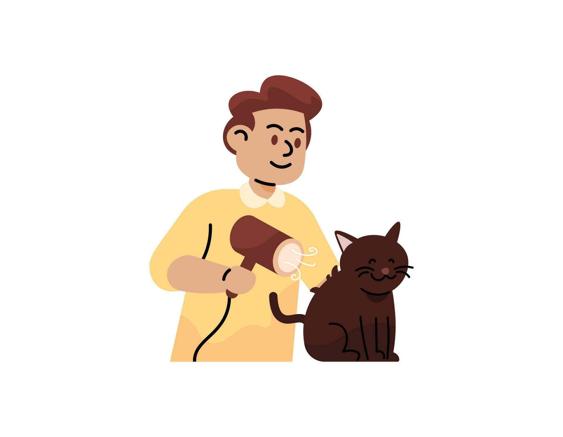 an illustration of a man using a hair dryer to dry a cat's fur. dry the