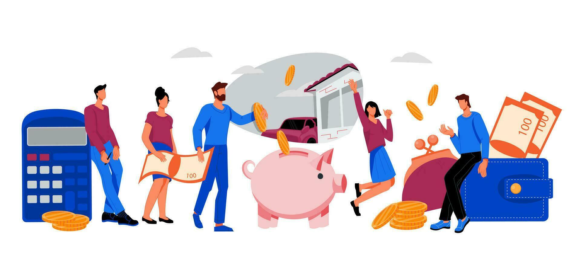 bandera para ahorro dinero y préstamo financiero servicios con negocio personas ahorro dinero en cerdito banco y billeteras banco cuenta ahorros y préstamo o hipoteca concepto, vector ilustración aislado.