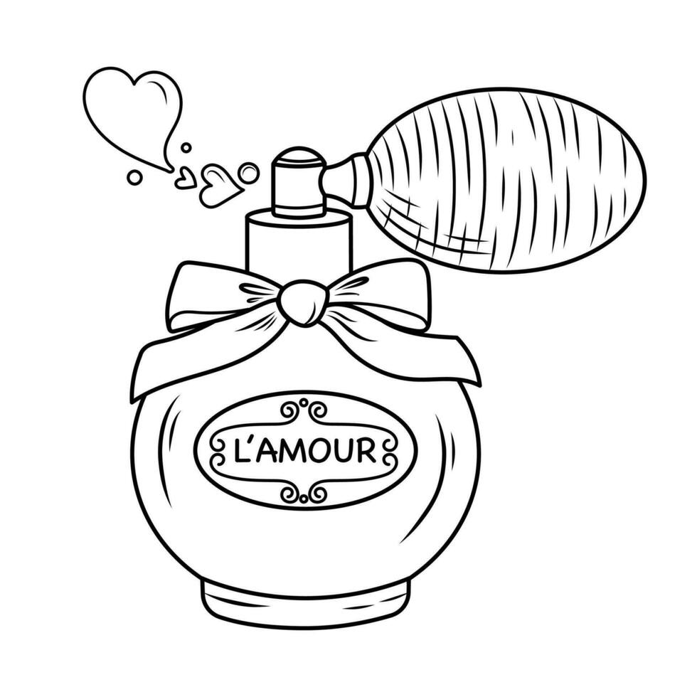 Vector illustration of retro perfume bottle with pom pom. Romantic doodle sketch of love scent for valentine's day