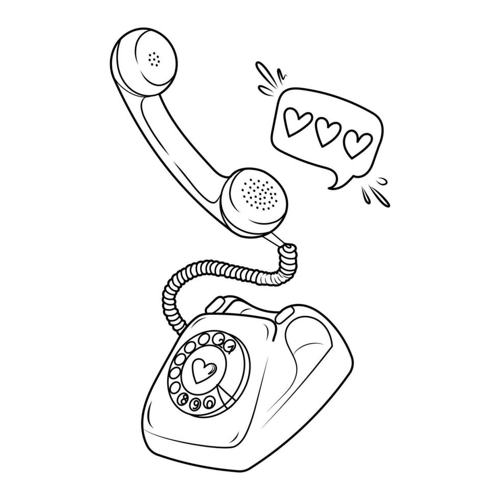 Hand drawn vector illustration of retro telephone and hearts. Romantic doodle sketch for valentine's day.