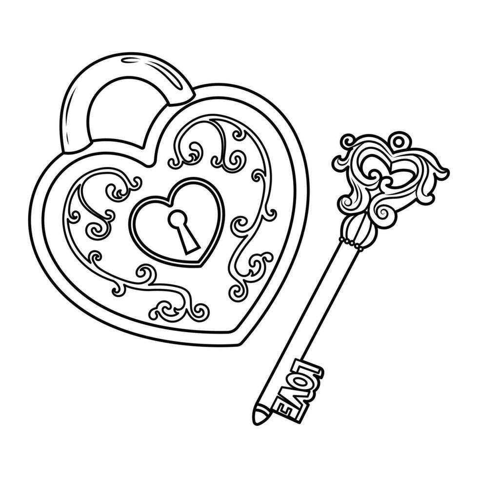 Vector illustration of heart shaped lock and its key. Romantic doodle sketch of items for valentine's day.