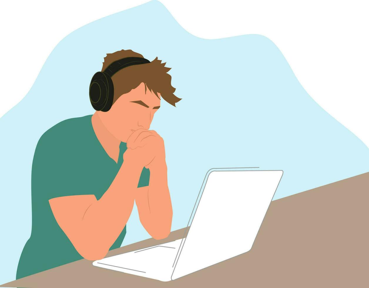 Technician in headphones at workplace. Man working with laptop at computer desk. Software developer, programmer or system administrator with a PC. vector