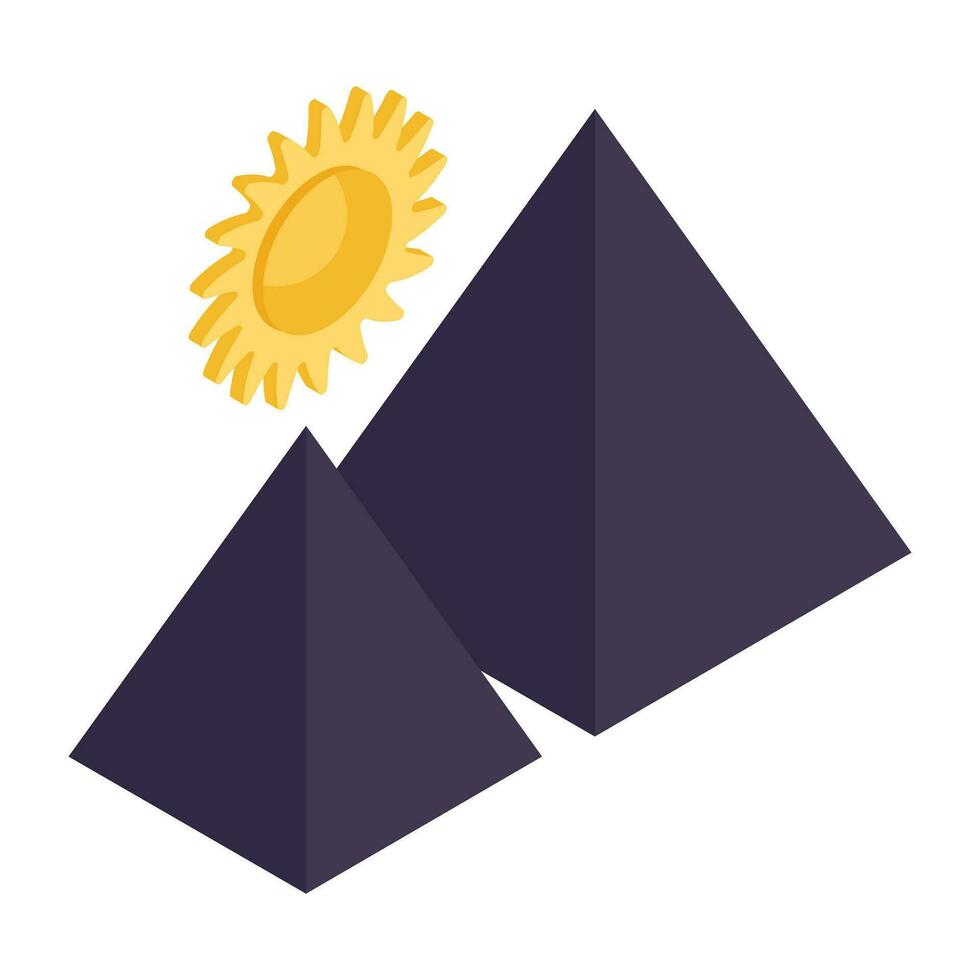 A unique design icon of mountains with sun showcasing hills weather vector