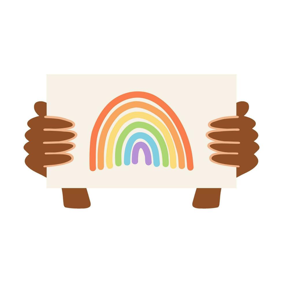 Black hand holding poster with rainbow. Pride month concept, lgbtq movement, people diversity, gender equality. vector