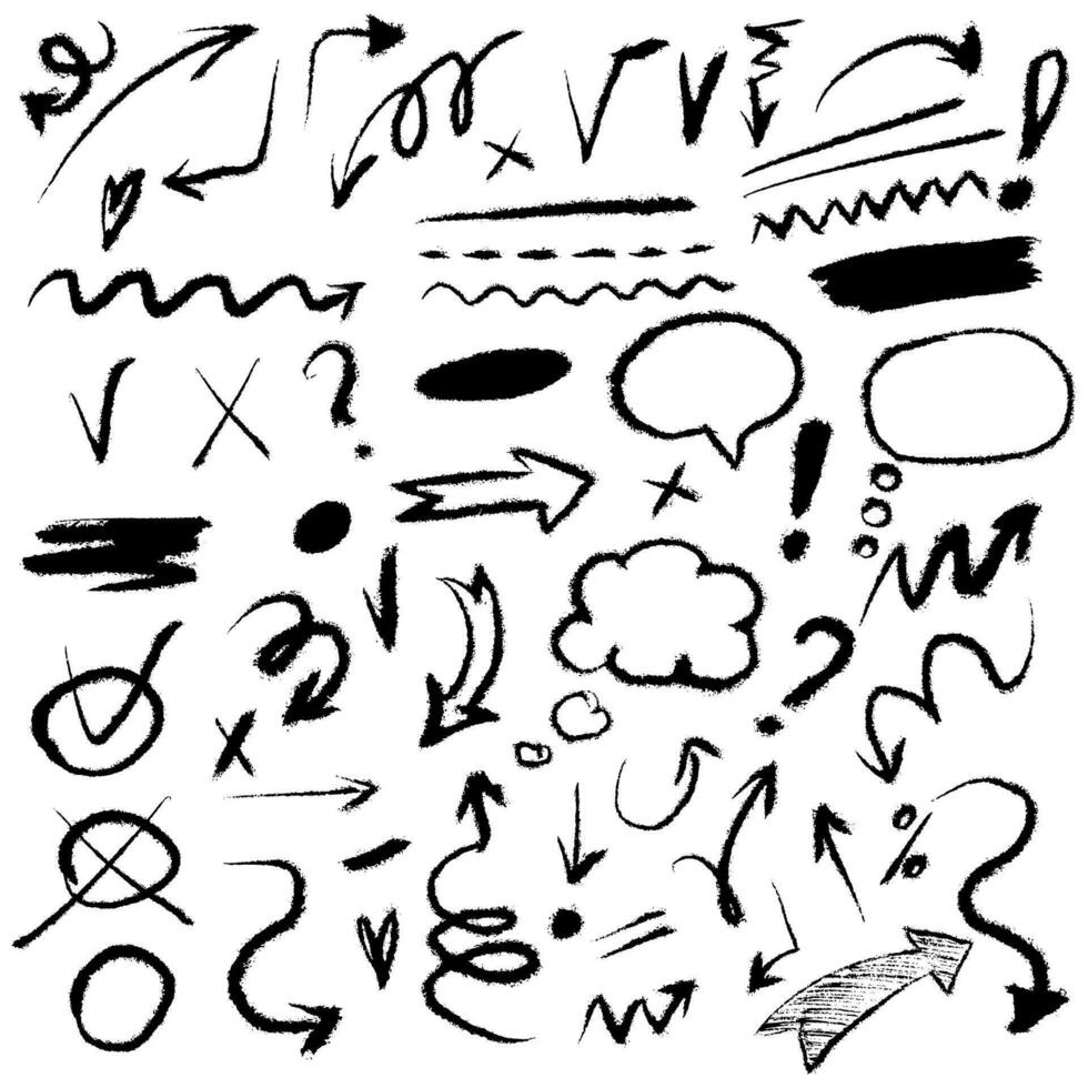 Set of doodle hand drawn charcoal pastel pointer, arrows, signs. Vector illustration of charcoal pencil emphasis.