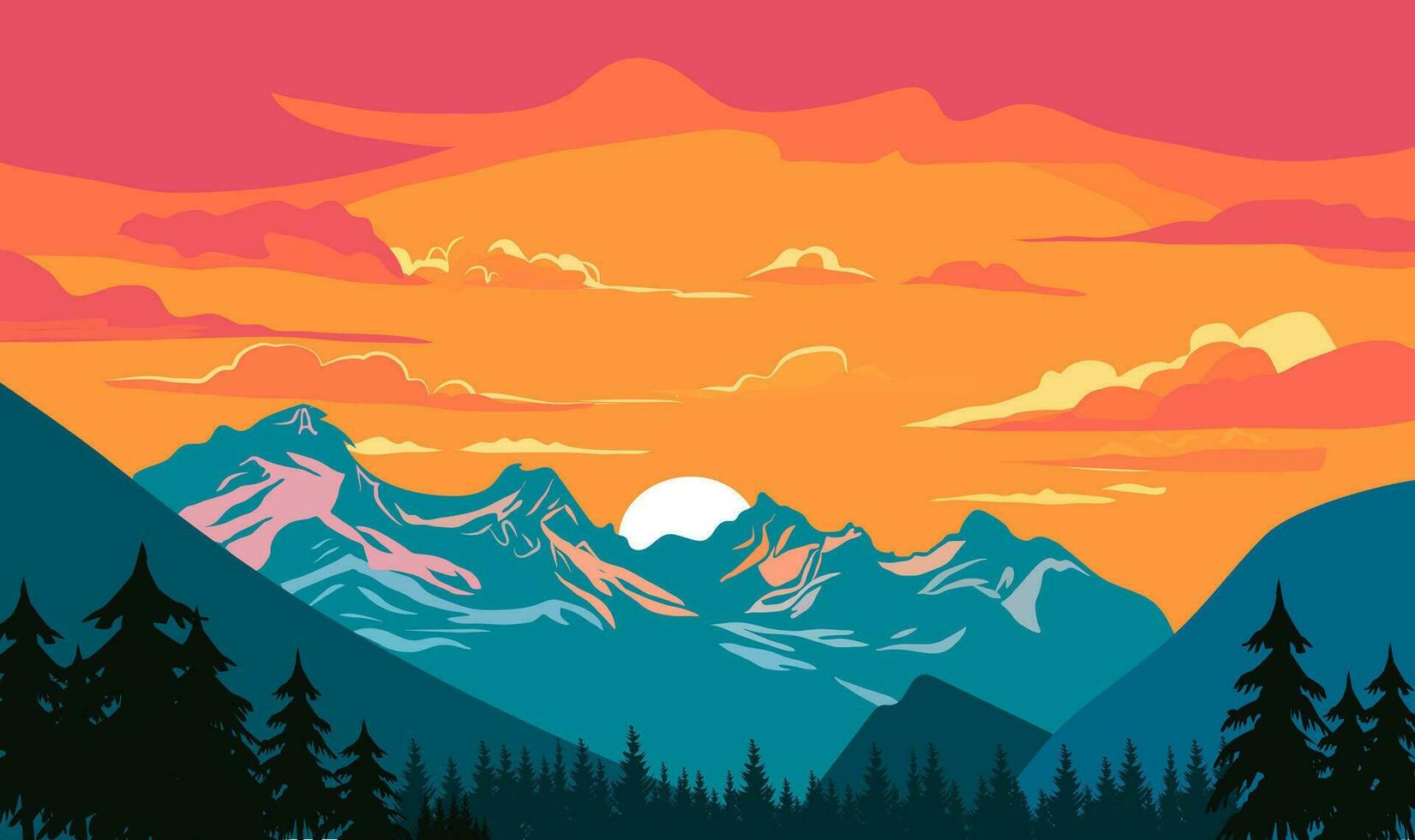 puesta de sol en el montañas vector paisaje