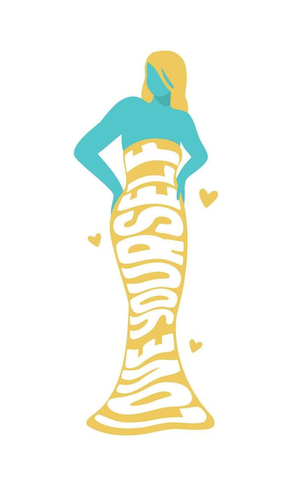 Curvy woman in a tight evening dress with the text slogan Love yourself. Body positive concept. Hand drawn vector illustration isolated