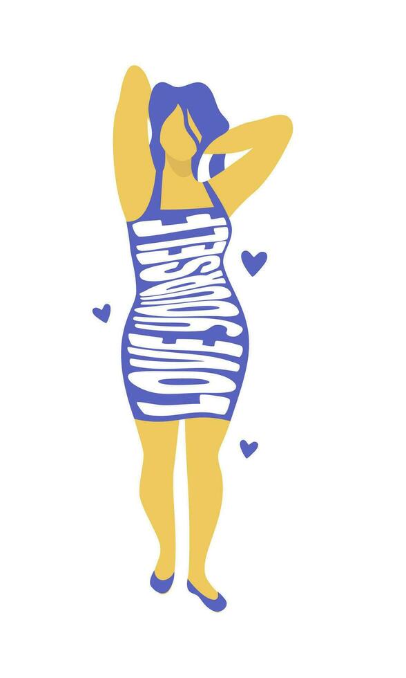 curvilíneo mujer en un apretado vestir con un texto impresión de el eslogan amor tú mismo. cuerpo positivo concepto. mano dibujado vector ilustración aislado