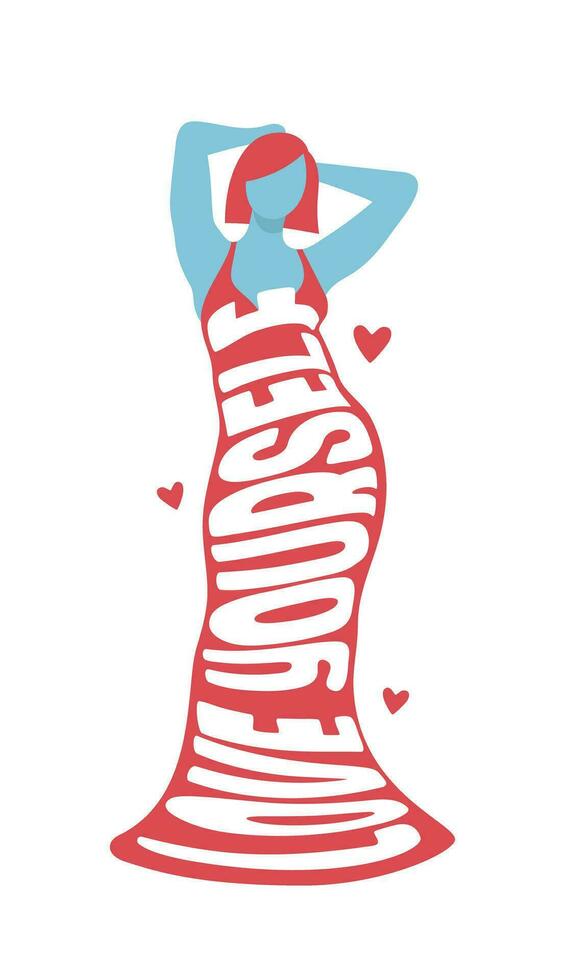 Curvy woman in a tight red dress with the slogan Love yourself. Body positive. Hand drawn vector illustration isolated
