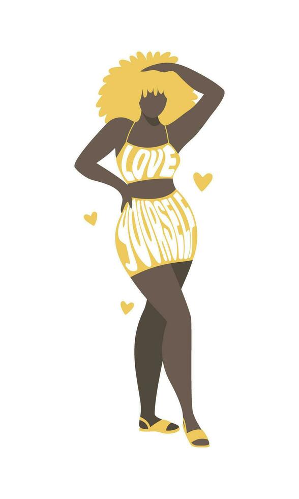 curvilíneo negro mujer en apretado ropa con texto eslogan amor tú mismo. cuerpo positivo concepto. mano dibujado vector ilustración aislado