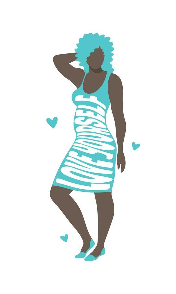 Curvy black woman in a tight dress with the slogan Love yourself. Body positive concept. Hand drawn vector illustration isolated