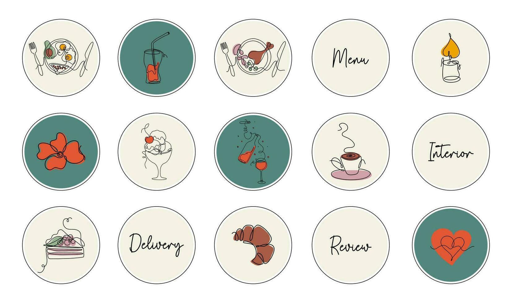 Vector pictograms. Social media Highlights covers. Cute icons for restaurant, cafe or bar. Line art style illustrations.
