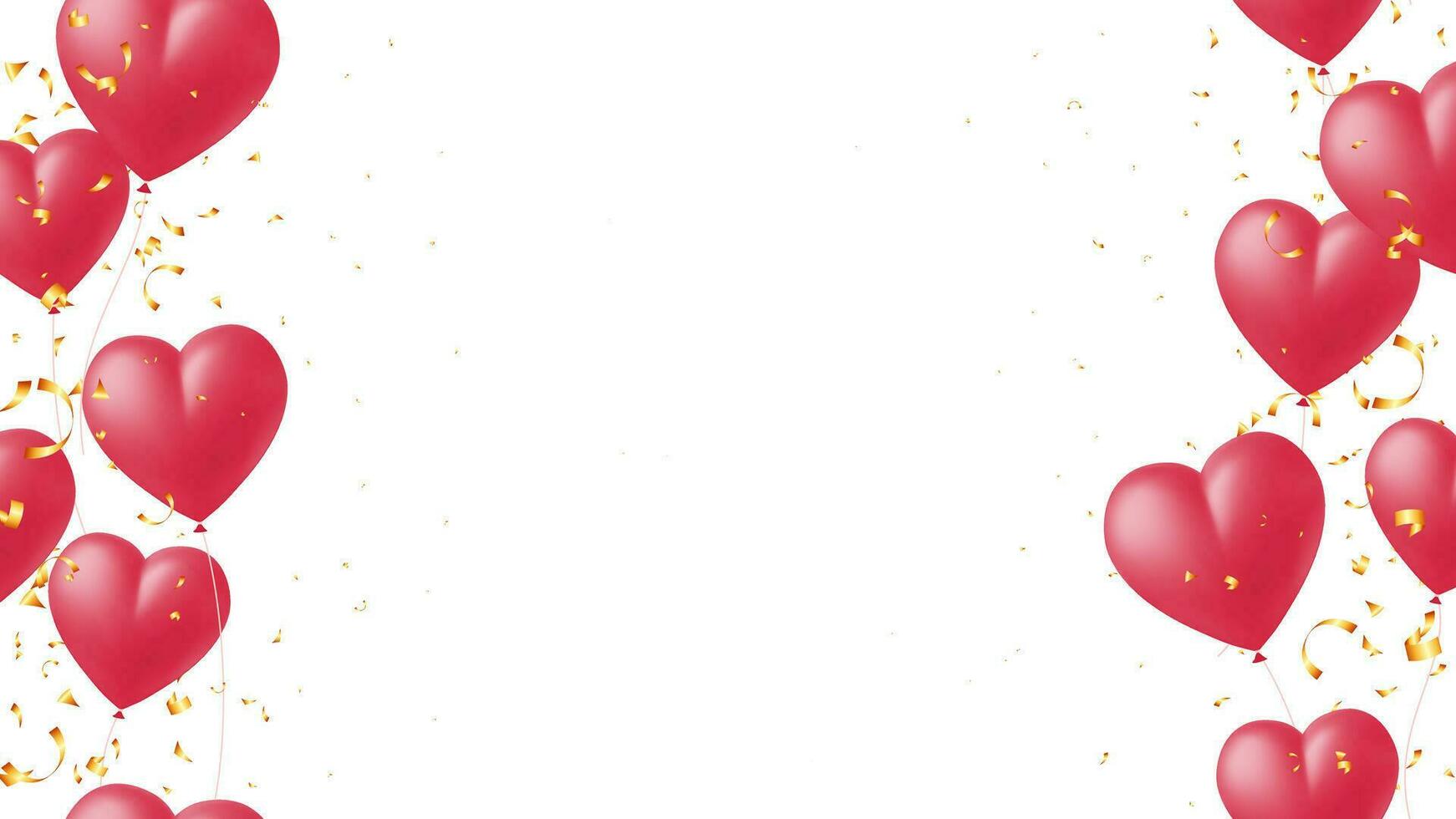 Red realistic heart balloon and gold confetti frame design for Valentine day vector