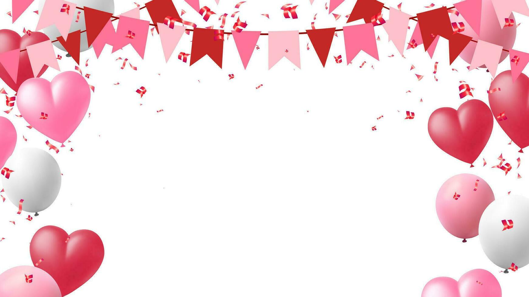 Frame banner with festive realistic heart balloons, confetti and flag hanging design holiday vector