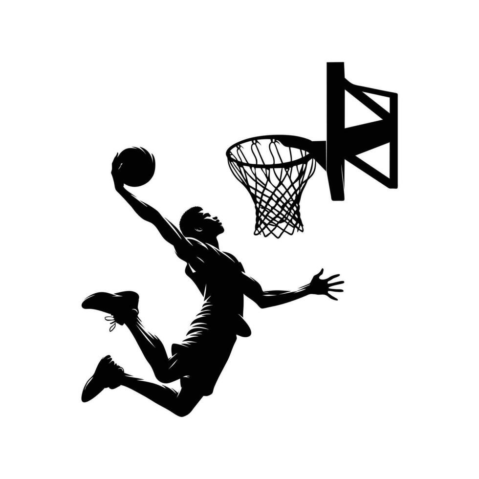 silhouette illustration of a basketball player performing a slam dunk vector