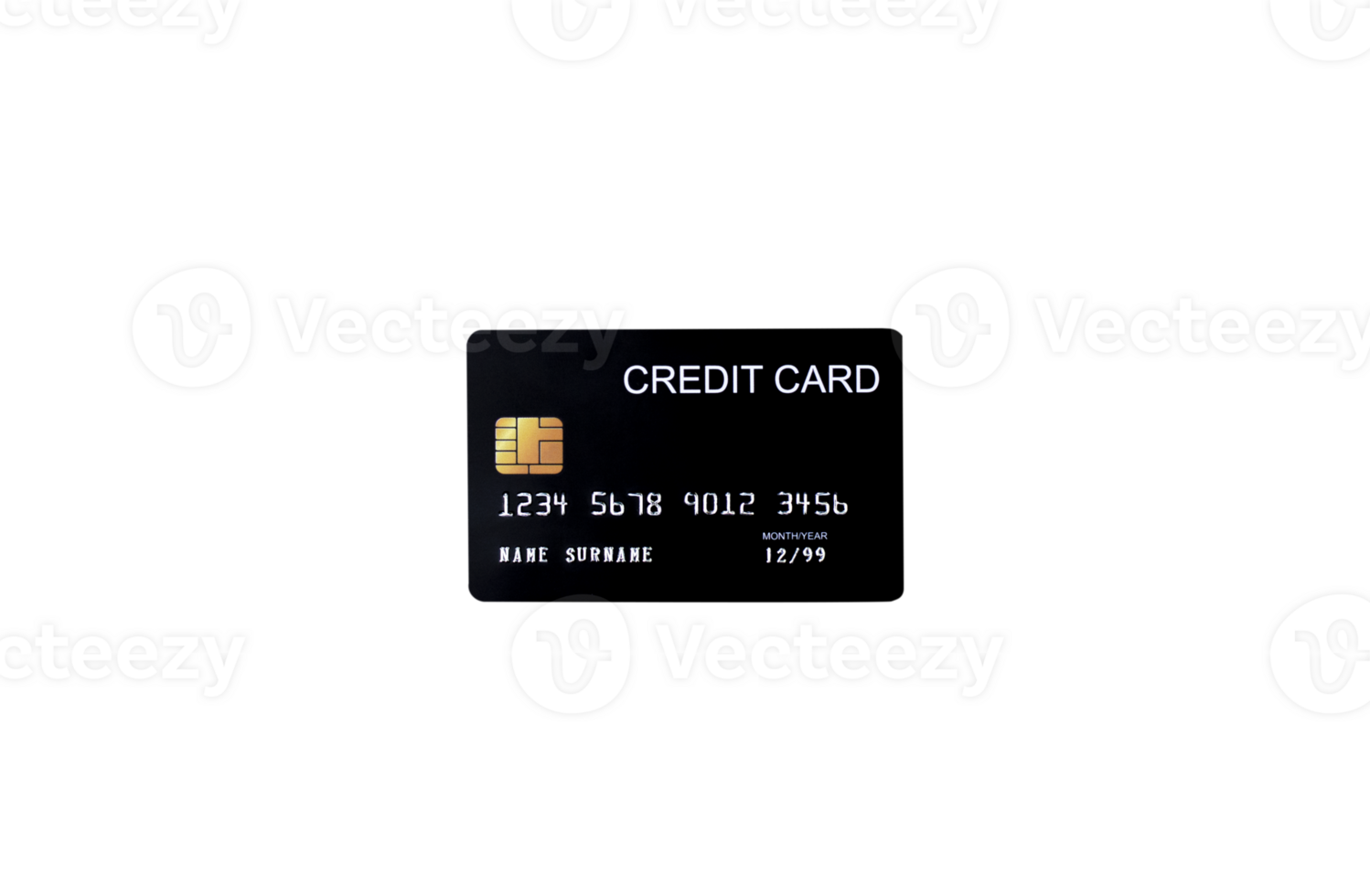 Black credit card mockup with security chip embedded on transparent background png