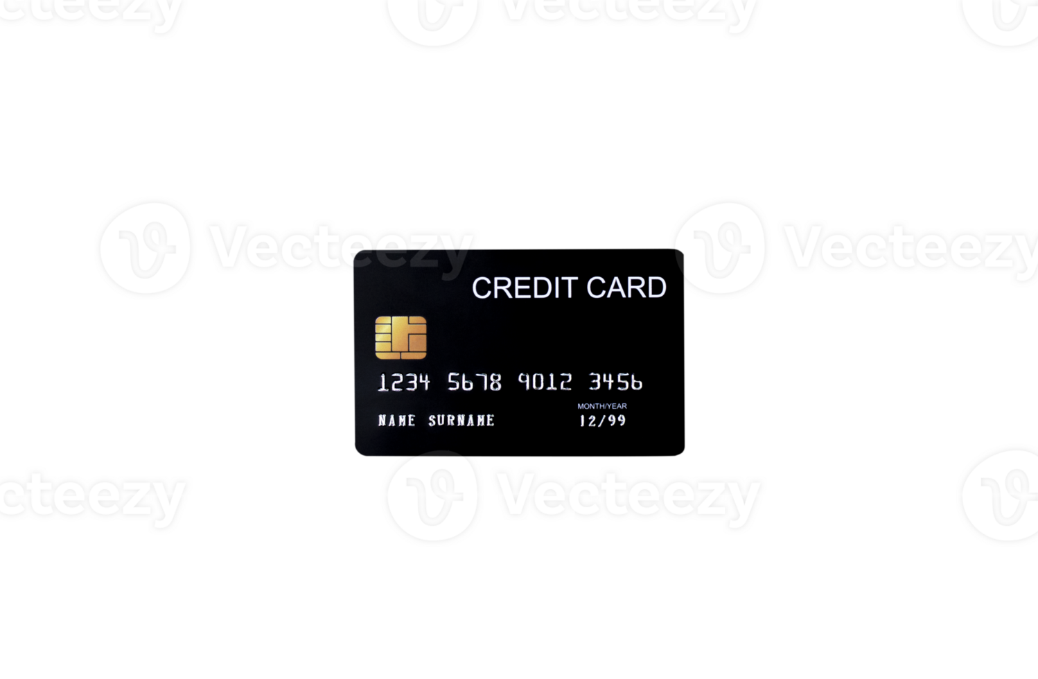 Black credit card mockup with security chip embedded on transparent