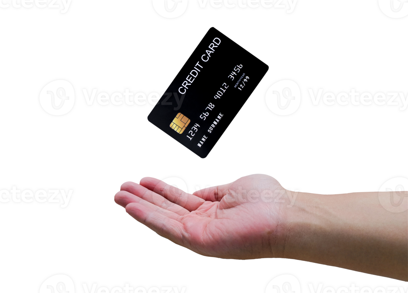 Man hand and black credit card mockup floating, used for online shopping and online transactions. on transparent background png
