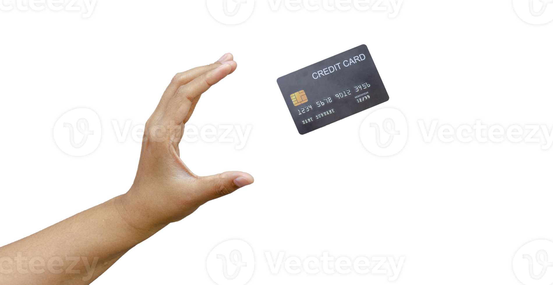Woman hand and black credit card mockup floating, used for online shopping and online transactions. on transparent background png
