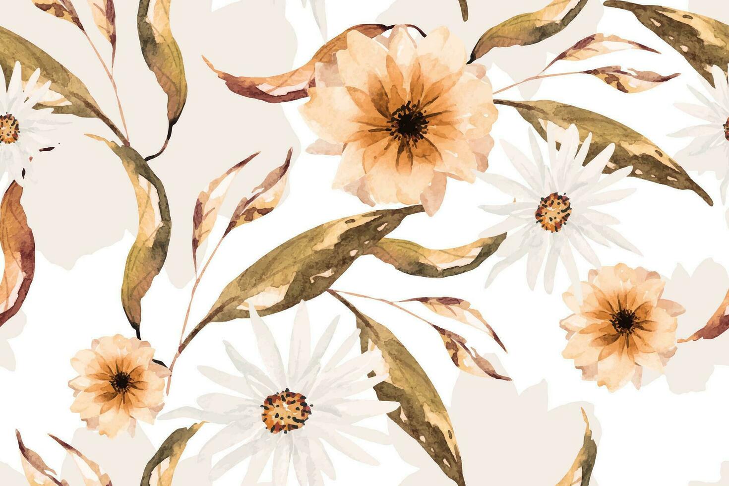 Seamless pattern of autumn flowers painted in watercolor on white background.For fabric  luxurious and wallpaper, vintage style.Hand drawn botanical floral pattern. vector