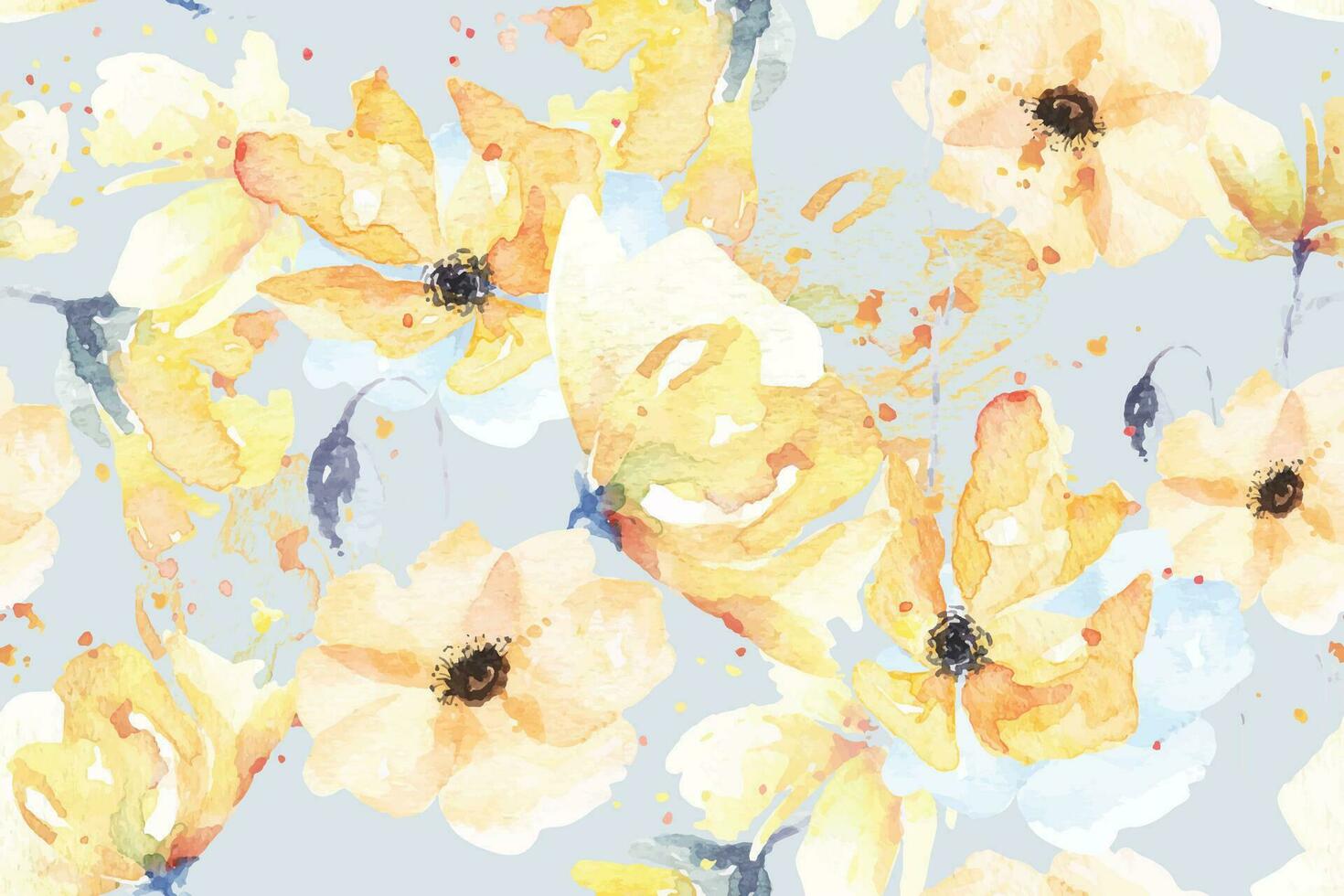 Poppies seamless pattern with watercolor pastel background.Designed for fabric and wallpaper, vintage style.Yellow floral pattern.Flower abstract background. vector